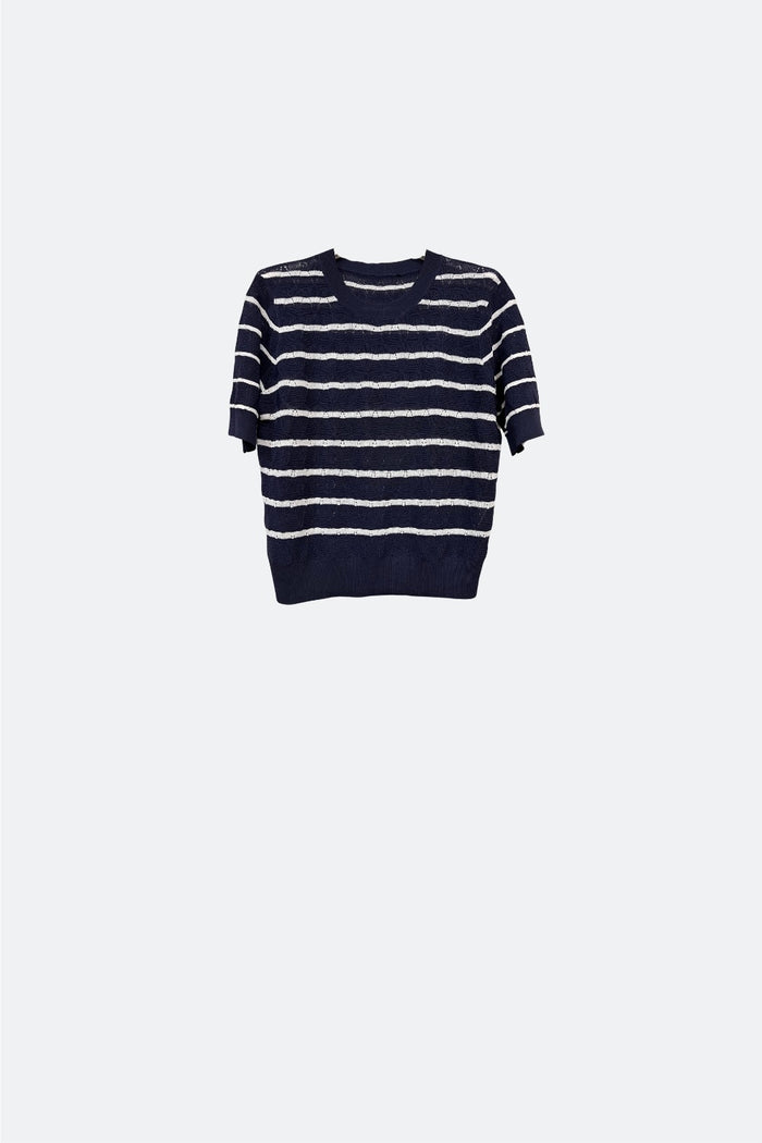 Navy Openwork knit sweater with Short Sleeves and white Stripes