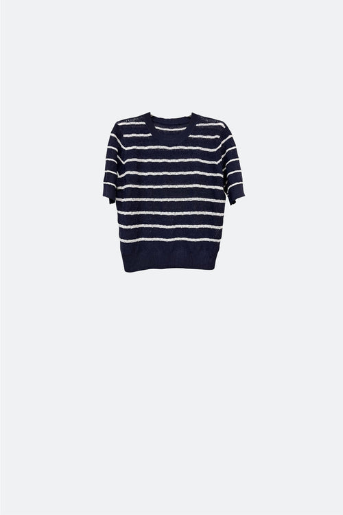Navy Openwork knit sweater with Short Sleeves and white Stripes