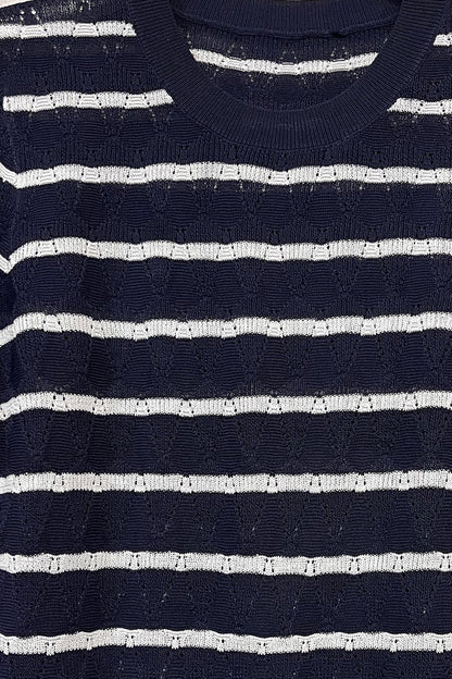 Navy Openwork knit sweater with Short Sleeves and white Stripes