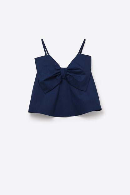 Navy poplin crop top with bow detail