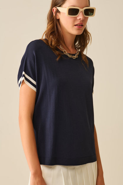 Navy Relaxed Sweater with White Contrast Detail