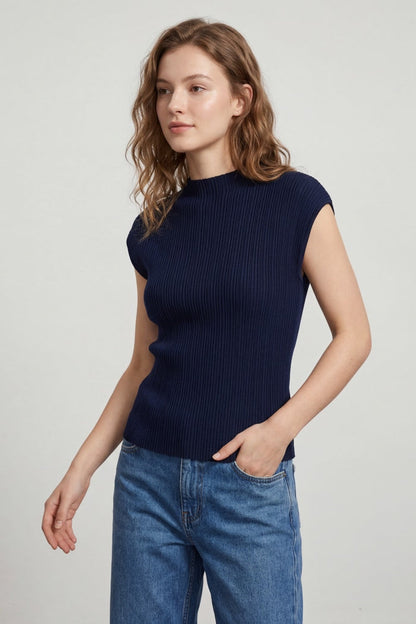 Navy Ribbed Knit Sleeveless sweater with closed neck