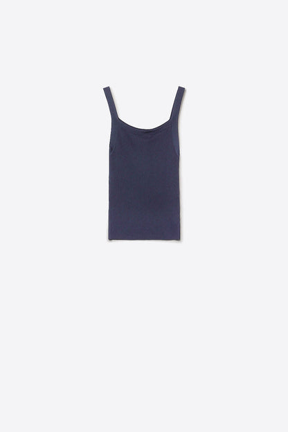 Navy Ribbed Knit Top with Wide Straps