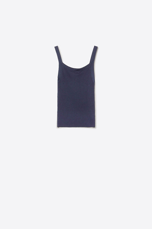 Navy Ribbed Knit Top with Wide Straps