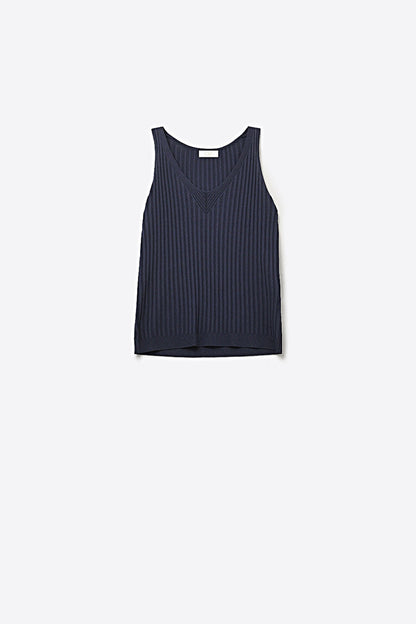 Navy Ribbed Knit V-Neck Tank Top