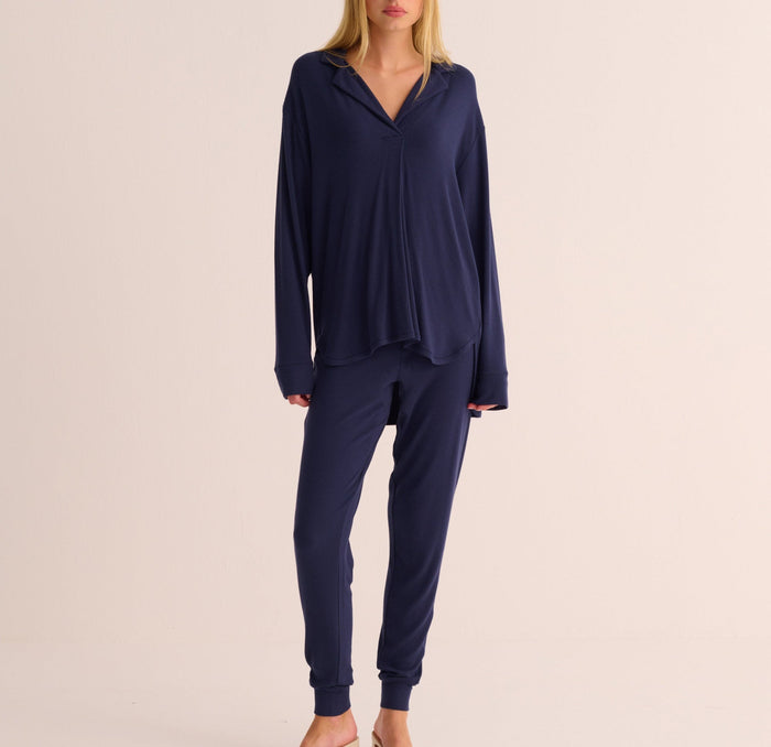 Navy Ribbed Modal Hero Shirt and Cuffed Leggings Set - Loungewear