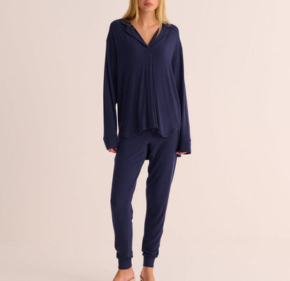 Navy Ribbed Modal Hero Shirt and Cuffed Leggings Set - Loungewear