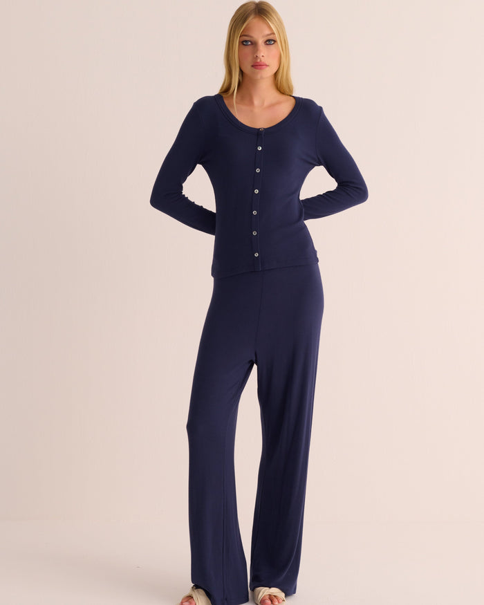 Navy Ribbed Soft Modal Jersey Cardigan and Wide-Leg Joggers Set - Loungewear