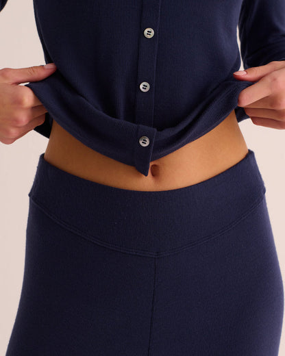 Navy Ribbed Soft Modal Jersey Cardigan and Wide-Leg Joggers Set - Loungewear