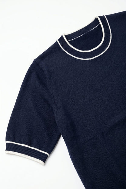 Navy short sleeve sweater with white line detail