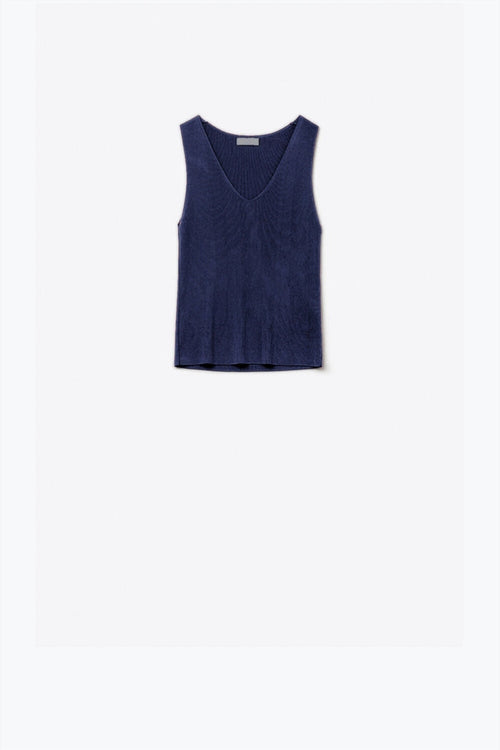 Navy sleeveless fine knitted top With V-Neck