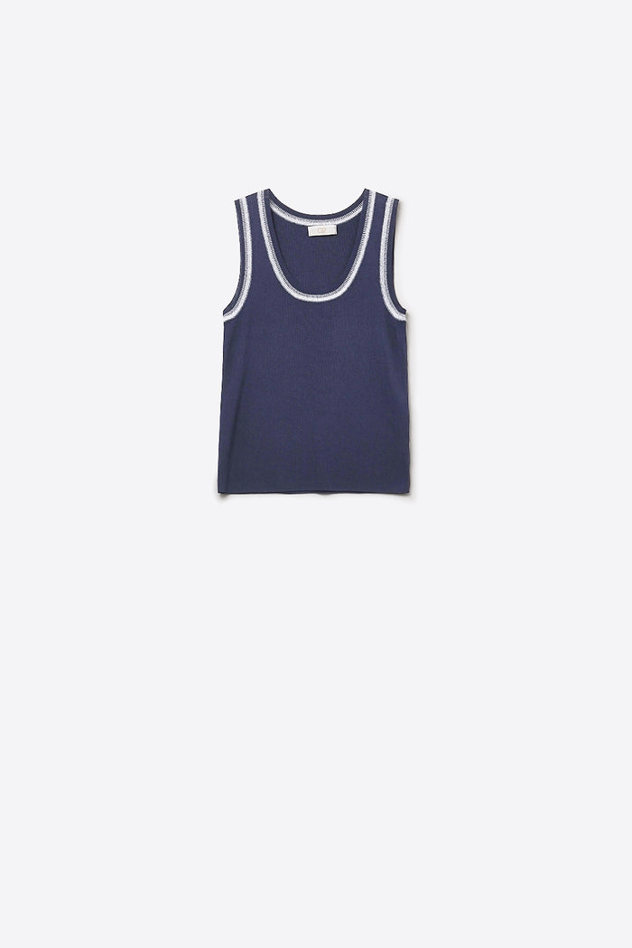 Navy Sleeveless Knit Top with Metallic Trim
