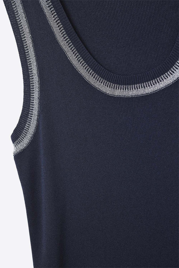 Navy Sleeveless Knit Top with Metallic Trim