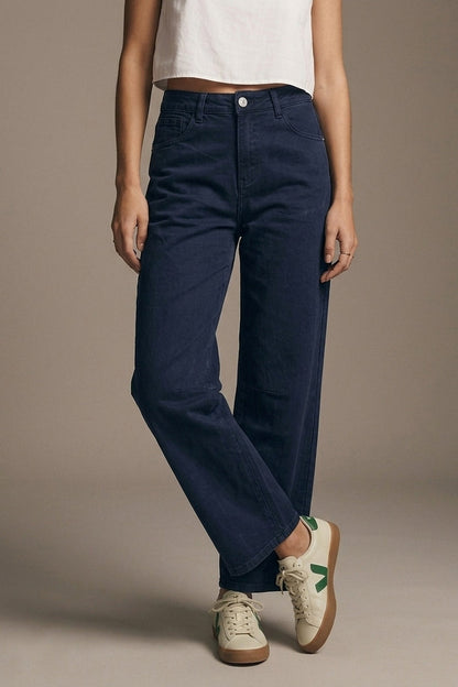 Navy soft stretch Denim Wide Leg Jeans with seam at the knee - Coloured Jeans