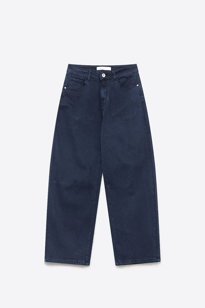 Navy soft stretch Denim Wide Leg Jeans with seam at the knee - Coloured Jeans