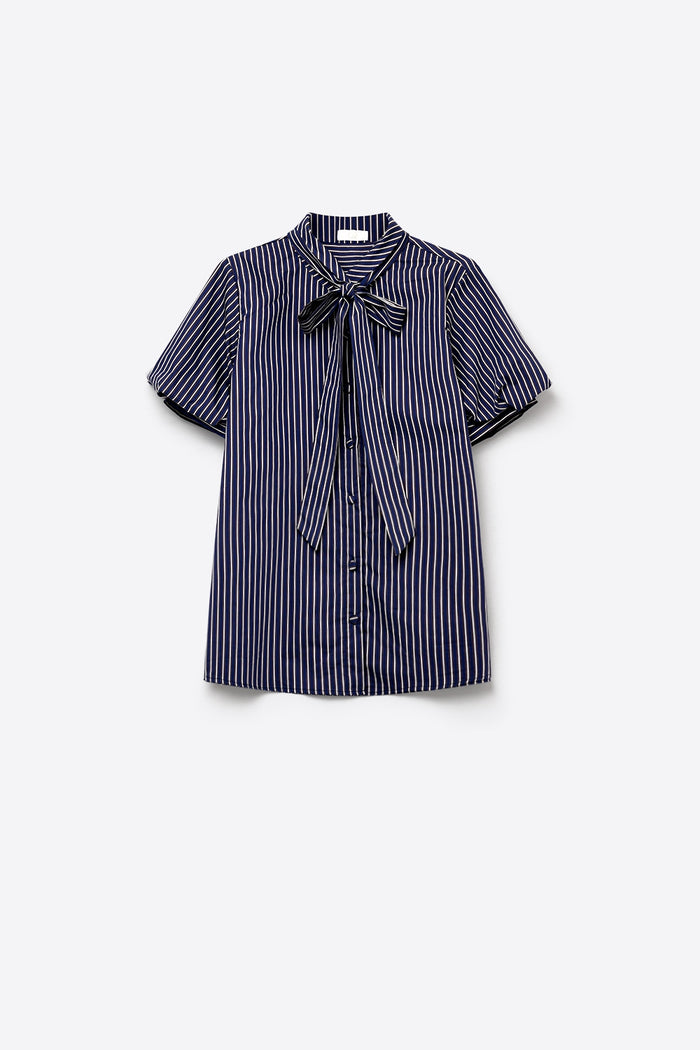 Navy Stripe Bow Tie Shirt with Short Sleeve in poplin - Shirts
