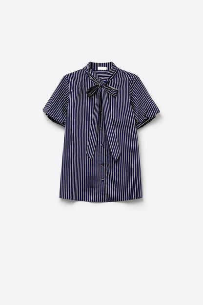 Navy Stripe Bow Tie Shirt with Short Sleeve in poplin - Shirts