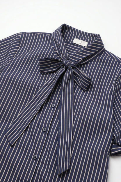 Navy Stripe Bow Tie Shirt with Short Sleeve in poplin - Shirts