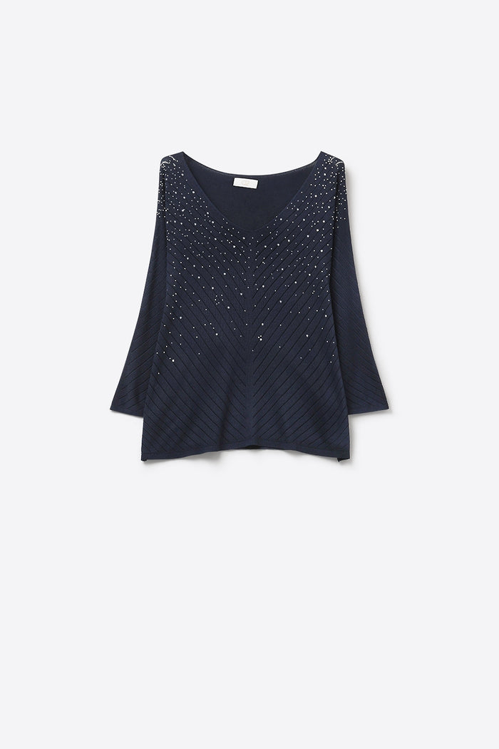 Navy V-Neck Embellished Knit Sweater Top