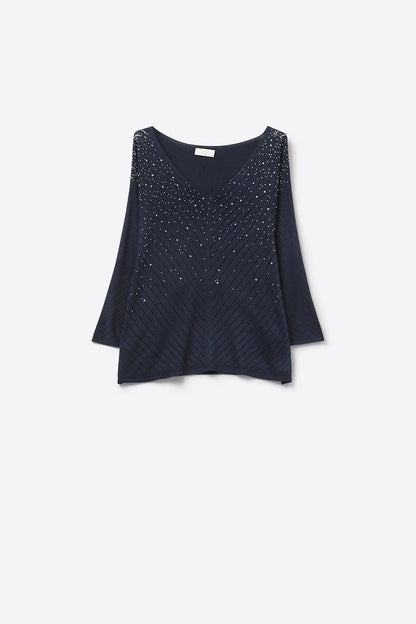 Navy V-Neck Embellished Knit Sweater Top