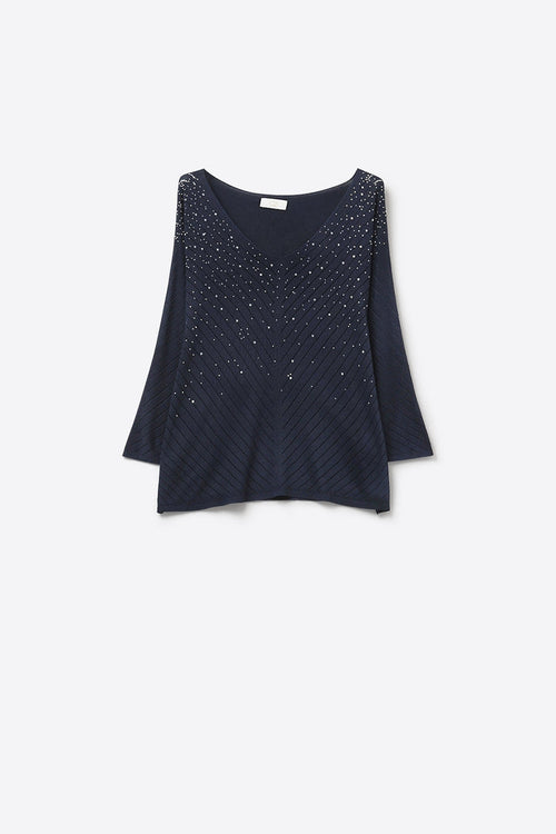 Navy V-Neck Embellished Knit Sweater Top