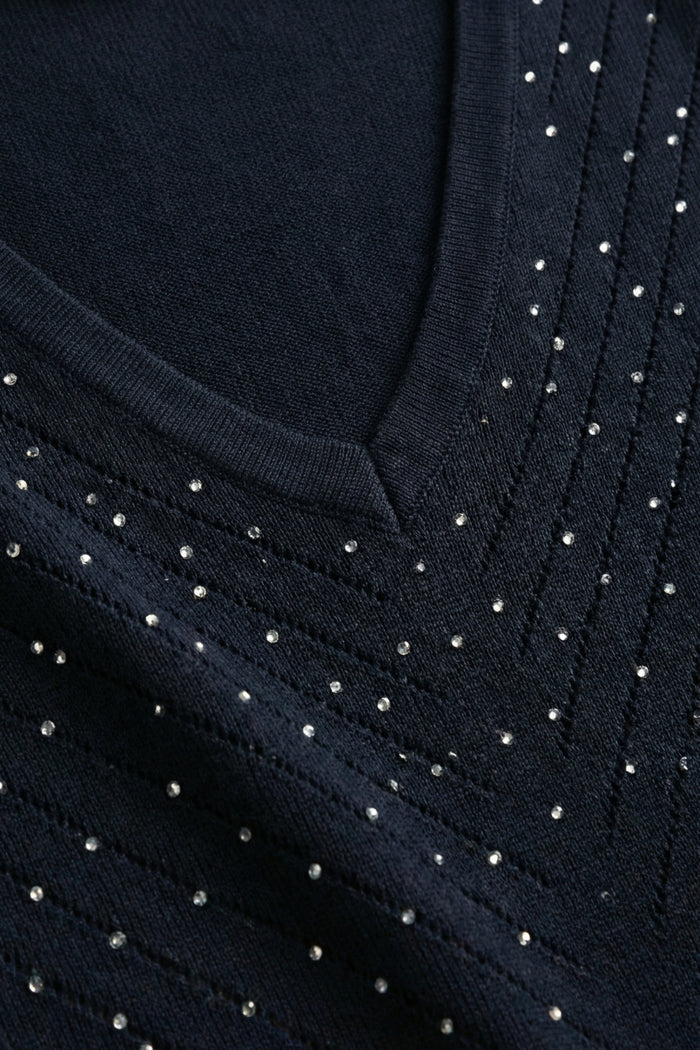 Navy V-Neck Embellished Knit Sweater Top