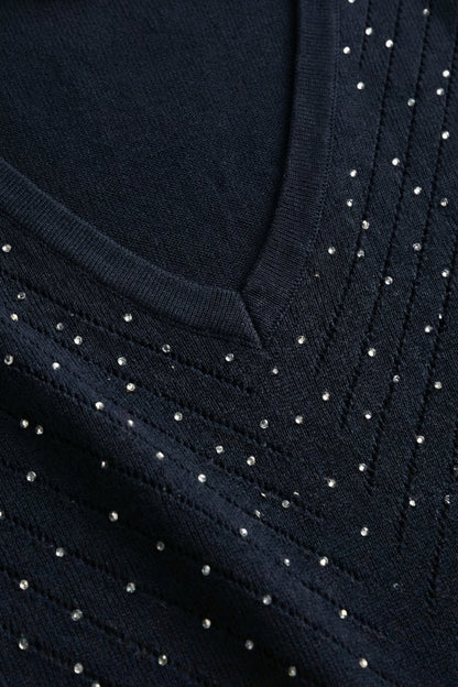 Navy V-Neck Embellished Knit Sweater Top