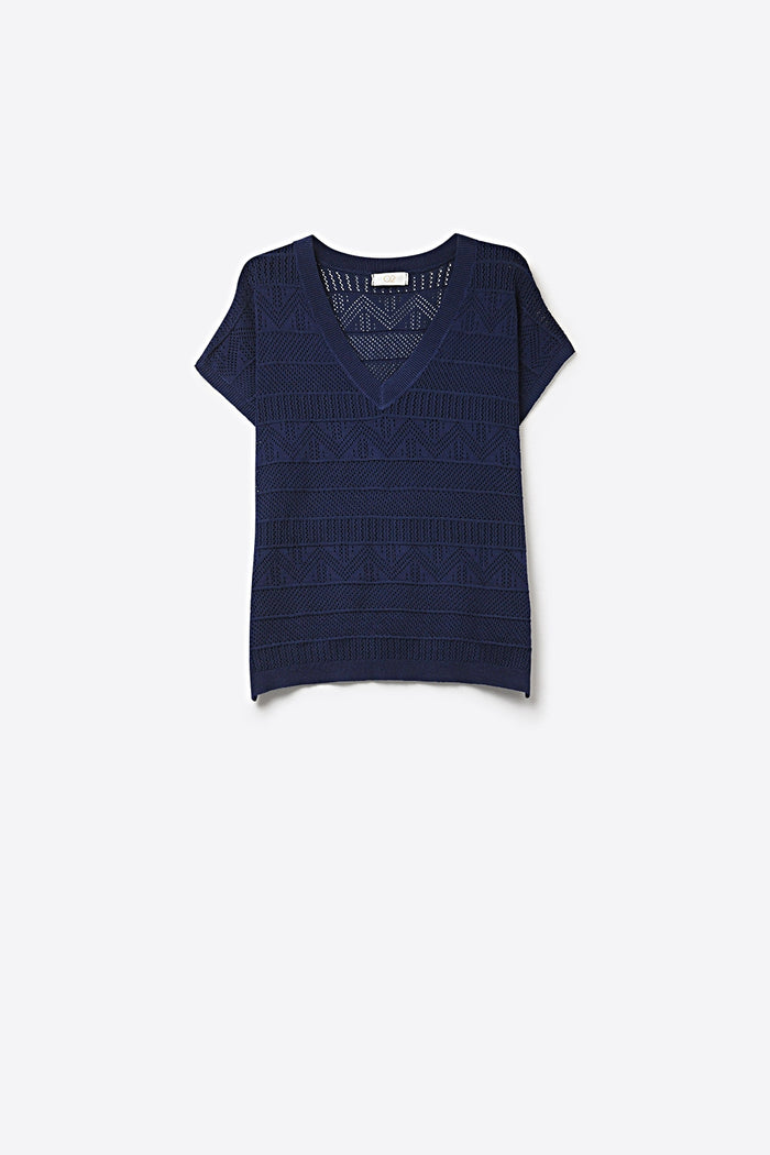 Navy V-Neck Knit Top with Lightweight Texture