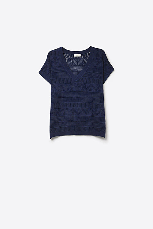 Navy V-Neck Knit Top with Lightweight Texture