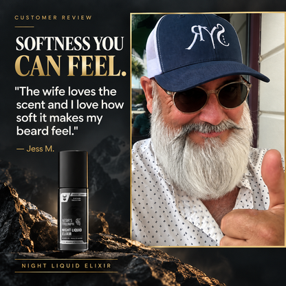 Customer review of Night Liquid Elixir from Jess M. with a full grey beard, headline Softness You Can Feel, Aesir's Triumph bottle on dark rock