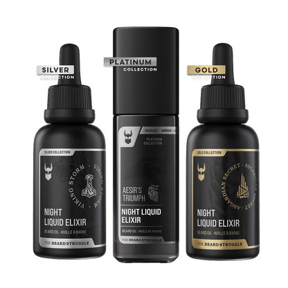Night Liquid Elixir beard oil in Silver, Platinum and Gold Collection bottles: Viking Storm, Aesir's Triumph and Asgardian Secret. The Beard Struggle