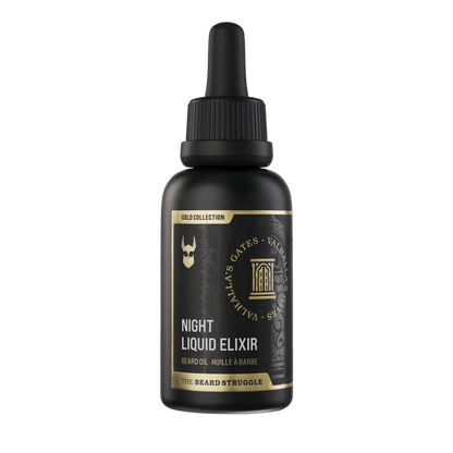 Night Liquid Elixir Oil in Valhalla's Gates scent, Gold Collection 30 ml beard oil bottle. The Beard Struggle