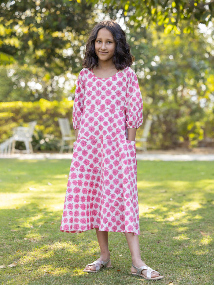 Pink & White Girls Organic Cotton Hand Block Printed Long Dress - Pinklay