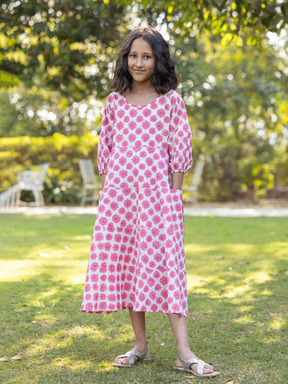 Pink & White Girls Organic Cotton Hand Block Printed Long Dress - Pinklay