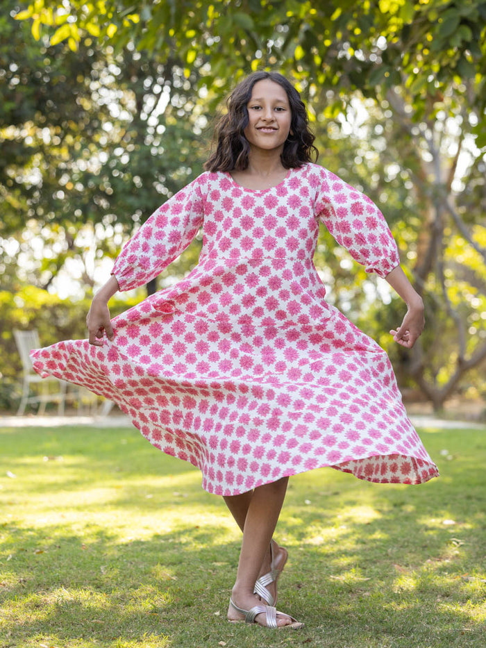 Pink & White Girls Organic Cotton Hand Block Printed Long Dress - Pinklay