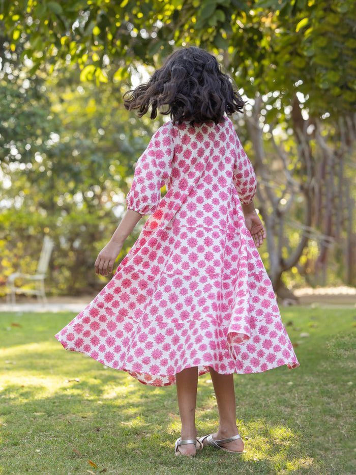 Pink & White Girls Organic Cotton Hand Block Printed Long Dress - Pinklay