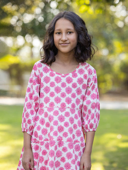 Pink & White Girls Organic Cotton Hand Block Printed Long Dress - Pinklay