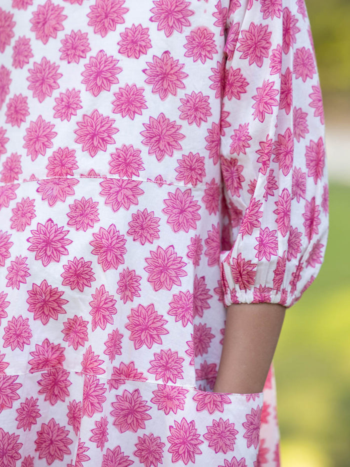 Pink & White Girls Organic Cotton Hand Block Printed Long Dress - Pinklay