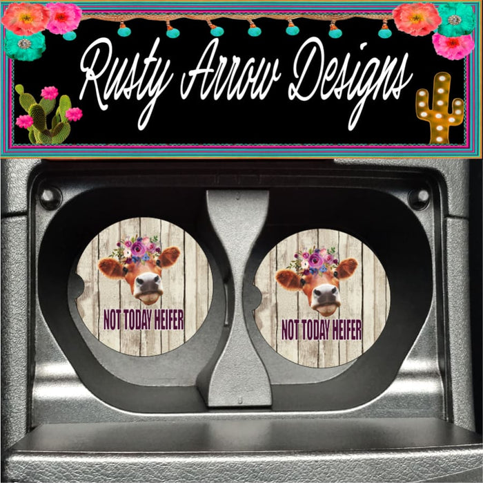 Not Today Heifer Barnwood Set of 2 Car Coasters - Car Coasters
