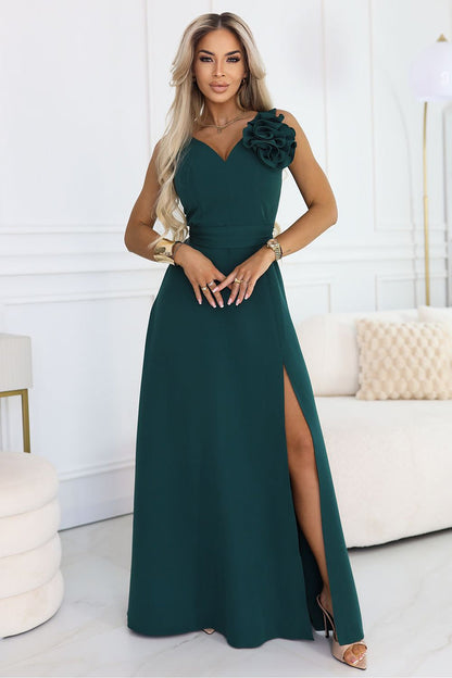 Numoco Elegant Long Dress with Floral Detail and Split green - Dresses