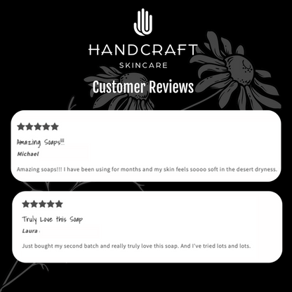 black background with white flower and two five star customer reviews on why they recommend the soap