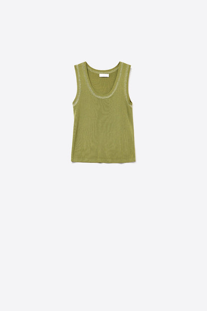 Olive Sleeveless Knit Top with Metallic Trim