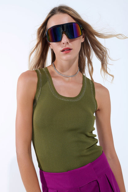 Olive Sleeveless Knit Top with Metallic Trim