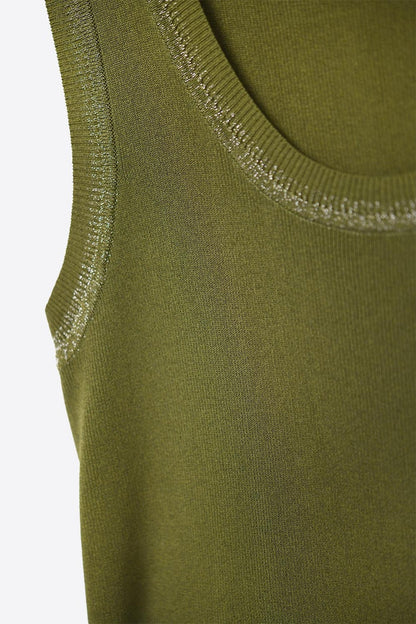 Olive Sleeveless Knit Top with Metallic Trim