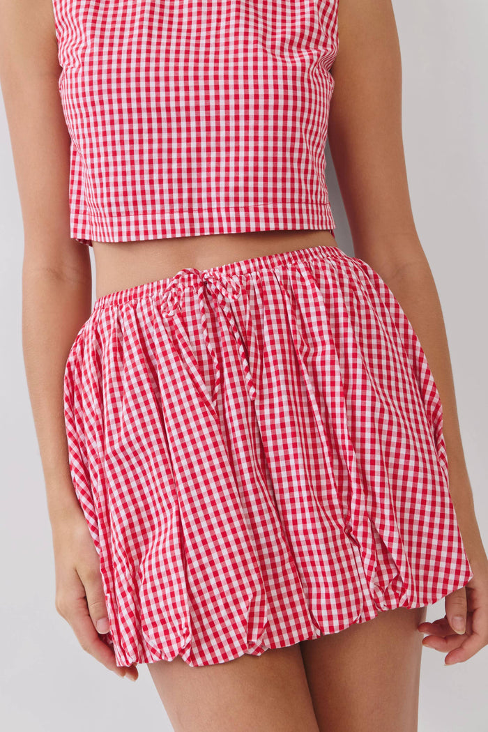 On the Go Red Gingham Bubble Mini Skirt