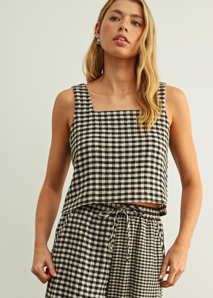 miou muse black cream gingham square neck sleeveless top t6550st gingham set