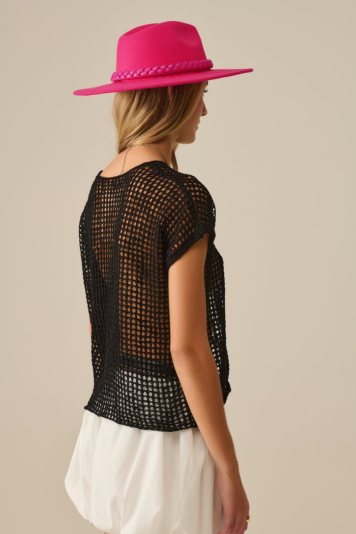 Open Knit Crochet dropped Sleeved Top in black