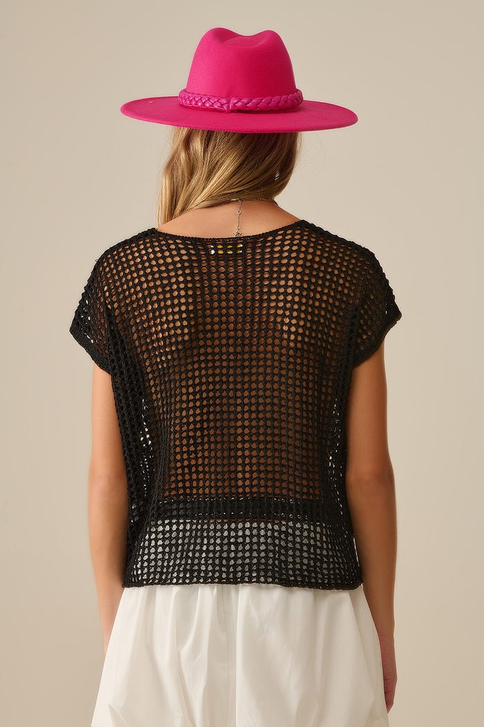 Open Knit Crochet dropped Sleeved Top in black
