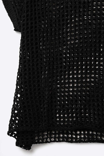 Open Knit Crochet dropped Sleeved Top in black