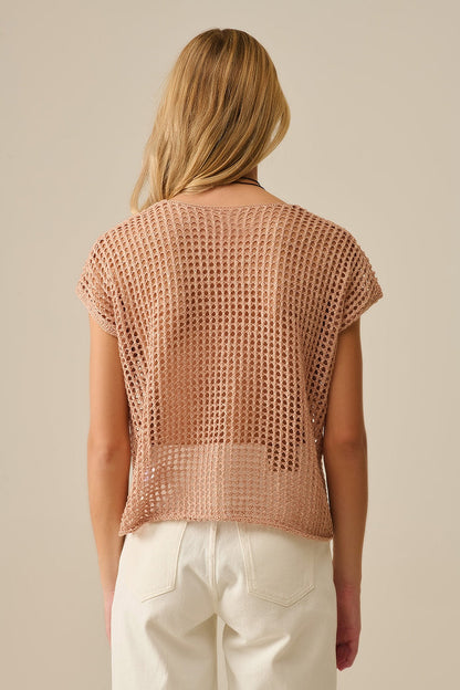 Open Knit Crochet dropped Sleeved Top in Camel